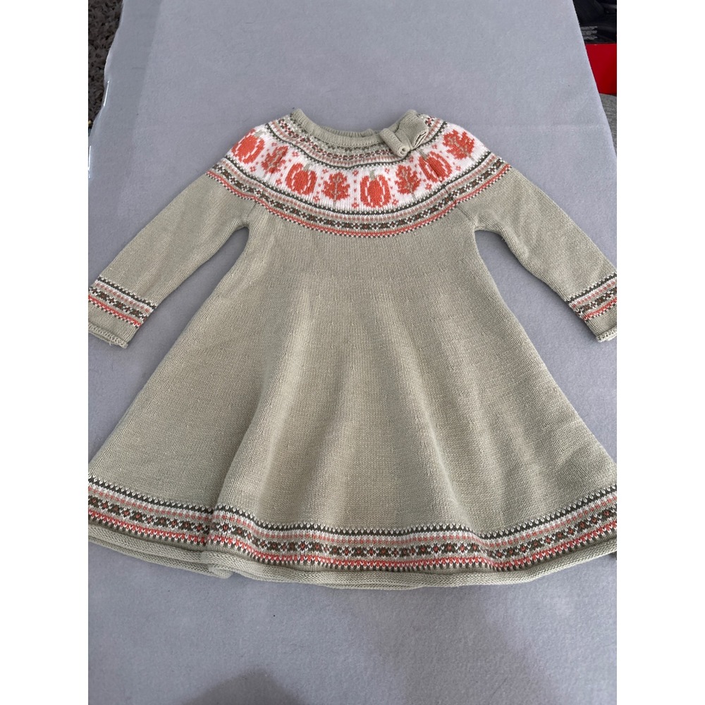 Blueberi Boulevard Girls 3T Beige Pumpkin Fair Isle Knit Sweater Dress Fall Bow